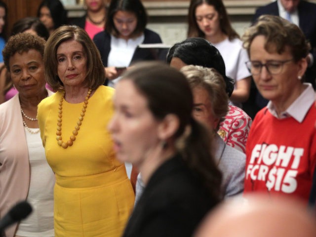 U.S. Speaker of the House Rep. Nancy Pelosi (D-CA) (2nd L) and Rep. Barbara Lee (D-CA) (L) listen during a news conference prior to a vote on the Raise the Wage Act July 18, 2019 at the U.S. Capitol in Washington, DC. The legislation would raise the federal minimum wage …