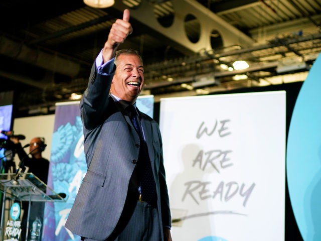 DONCASTER, ENGLAND - SEPTEMBER 04: Leader of the Brexit Party Nigel Farage addresses party