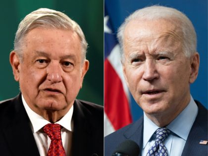 COMBO) This combination of pictures created on February 26, 2021 shows (From L) Mexican President Andres Manuel Lopez Obrador delivers a press conference with the presence of Argentinian counterpart Alberto Fernandez (out of frame) in Mexico City on February 23, 2021, and US President Joe Biden speaks about the 50 …