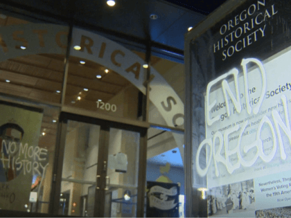 Antifa rioters vandalize the Oregon Historical Society on April 16 marking their second attack by Antifa in less than a year. (KGW NBC8 Video Screenshot)