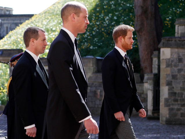 WINDSOR, ENGLAND - APRIL 17: Peter Phillips, Prince William, Duke of Cambridge and Prince Harry, Duke of Sussex during the Ceremonial Procession during the funeral of Prince Philip, Duke of Edinburgh at Windsor Castle on April 17, 2021 in Windsor, England. Prince Philip of Greece and Denmark was born 10 …