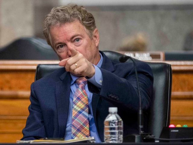 Republican Senator from Kentucky Rand Paul points during the Senate Homeland Security and Governmental Affairs/Rules and Administration hearing to examine the January 6, 2021 attack on the US Capitol on Capitol Hill on March 3, 2021 in Washington, DC. (Photo by SHAWN THEW / POOL / AFP) (Photo by SHAWN …