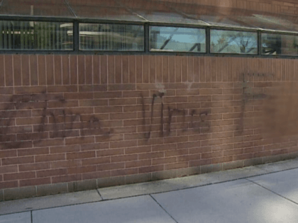 Vandalism on the Chinese Consulate in Calgary, Alberta, Canada. Screenshot via Twitter.