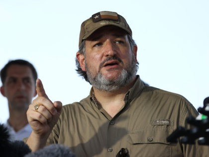 Sen. Ted Cruz (R-TX) speaks to the media after a tour of part of the Rio Grande river on a Texas Department of Public Safety boat on March 26, 2021 in Mission, Texas. The senator is part of a Senate delegation visiting the Texas-Mexican border. (Joe Raedle/Getty Images)