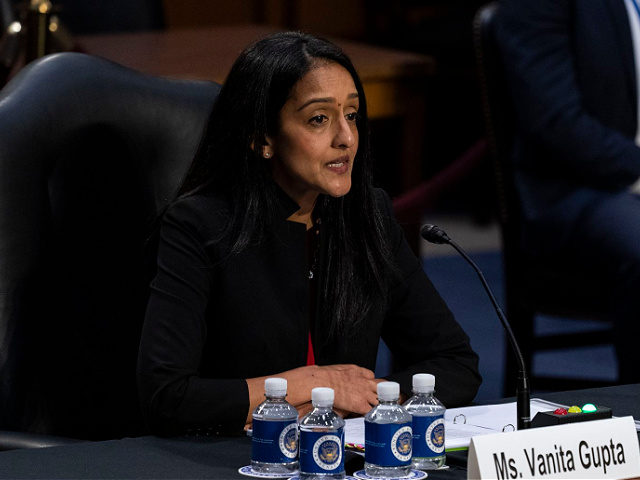 Vanita Gupta, speaks during a Senate Judiciary Committee hearing to examine her nomination to be Associate Attorney General, on Capitol Hill, Tuesday, March 9, 2021, in Washington. (AP Photo/Alex Brandon)