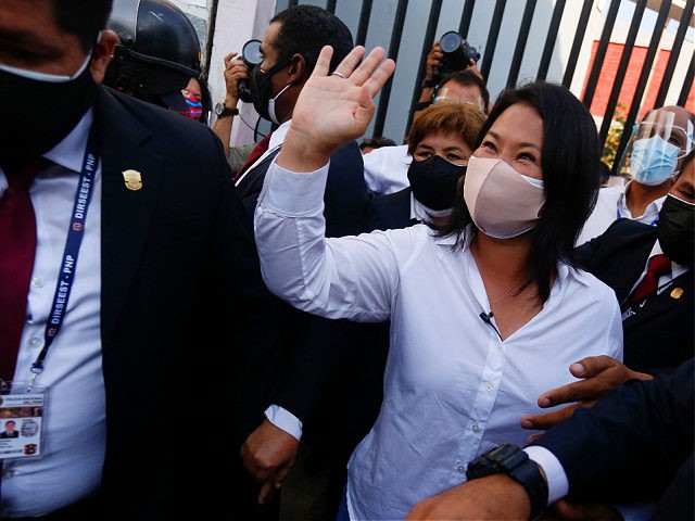 Peruvian presidentialcandidate for Fuerza Popular Party, Keiko Fujimori, waves at supporte