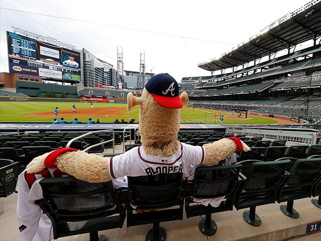 ATLANTA, GEORGIA - JULY 22: Blooper, mascot of the Atlanta Braves, sits in the empty stands to watch the exhibition game between the Atlanta Braves and the Miami Marlins at Truist Park on July 22, 2020 in Atlanta, Georgia. (Photo by Kevin C. Cox/Getty Images)