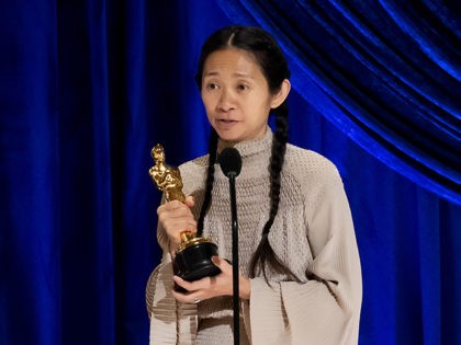 LOS ANGELES, CALIFORNIA – APRIL 25: (EDITORIAL USE ONLY) In this handout photo provided by A.M.P.A.S., Chloé Zhao accepts the Directing award for 'Nomadland' onstage during the 93rd Annual Academy Awards at Union Station on April 25, 2021 in Los Angeles, California. (Photo by Todd Wawrychuk/A.M.P.A.S. via Getty Images)