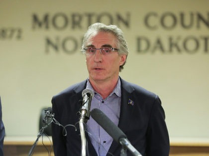 CANNON BALL, ND - FEBRUARY 22: North Dakota Governor Doug Burgum speaks during a press conference announcing plans for the clean up of the Oceti Sakowin protest camp on February 22, 2017 in Mandan, North Dakota. Protesters and campers against the DAPL pipeline, at times numbering in the thousands, are …