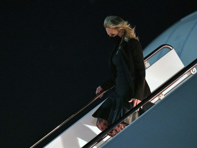 US First Lady Jill Biden deplanes upon arrival at Andrews Air Force Base in Maryland on Ap