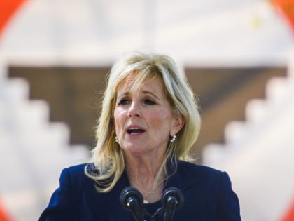 US First Lady Jill Biden speaks during her visit to The Forty Acres, the first headquarter