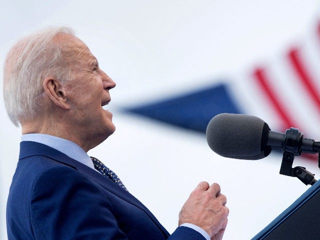 US President Joe Biden speaks during a drive-in rally at Infinite Energy Center April 29, 2021, in Duluth, Georgia. (Photo by Brendan Smialowski / AFP) (Photo by BRENDAN SMIALOWSKI/AFP via Getty Images)