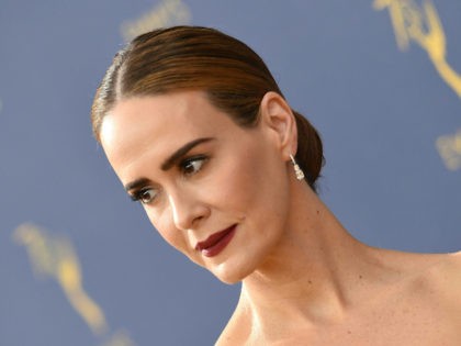 Lead actress in a limited series or movie nominee Sarah Paulson arrives for the 70th Emmy Awards at the Microsoft Theatre in Los Angeles, California on September 17, 2018. (Photo by VALERIE MACON / AFP) / ALTERNATIVE CROP (Photo credit should read VALERIE MACON/AFP via Getty Images)