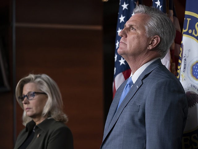 House Republican Leader Kevin McCarthy, R-Calif., joined by Republican Conference chair Rep. Liz Cheney, R-Wyo., pauses before speaking with reporters after House Republicans met Tuesday evening, Dec. 17, 2019, at the Capitol in Washington, to prepare to defend President Donald Trump against articles of impeachment. (AP Photo/J. Scott Applewhite)
