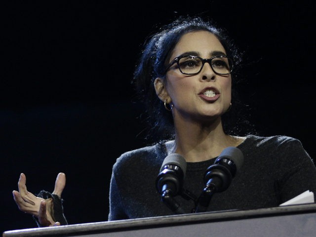 Stand-up comedian and actress Sarah Silverman talks about Democratic presidential candidate Sen. Bernie Sanders, I-Vt., at a campaign event at Los Angeles Convention Center in Los Angeles Sunday, March 1, 2020. (AP Photo/Damian Dovarganes)