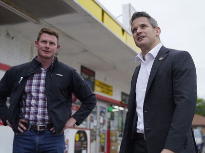 Rep. Adam Kinzinger, R-Ill., right, stands with Texas congressional candidate Michael Wood