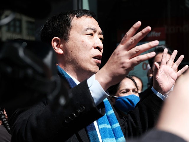 NEW YORK, NEW YORK - APRIL 05: New York Mayoral Candidate Andrew Yang speaks to members of the media along Canal Street in Chinatown on April 05, 2021 in New York City. Yang, an Asian American, has been working to draw attention to recent assaults against Asians both in New …