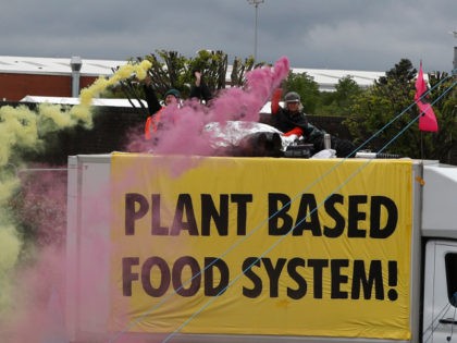 COVENTRY, ENGLAND - MAY 22: Animal rights protesters from Animal Rebellion blockade a McDonald's distribution centre to stop deliveries to the fast-food chain's 1,300 UK outlets on May 22, 2021 in Coventry, England. Animal Rebellion said about 50 activists were using trucks and bamboo structures to stop lorries leaving depots …