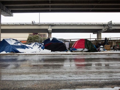 AUSTIN, TX - FEBRUARY 17, 2021: Homeless camps sit along the I-35 frontage road in Austin,