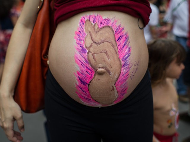 A pregnant woman with a painted baby on her belly takes part in the Movement for a Humanized Childbirth demonstration, at Paulista Avenue in Sao Paulo, Brazil, on Februrary 3, 2013. People protested against the new regulations of two hospitals --Pro Matre and Santa Joana-- which will allow women in …