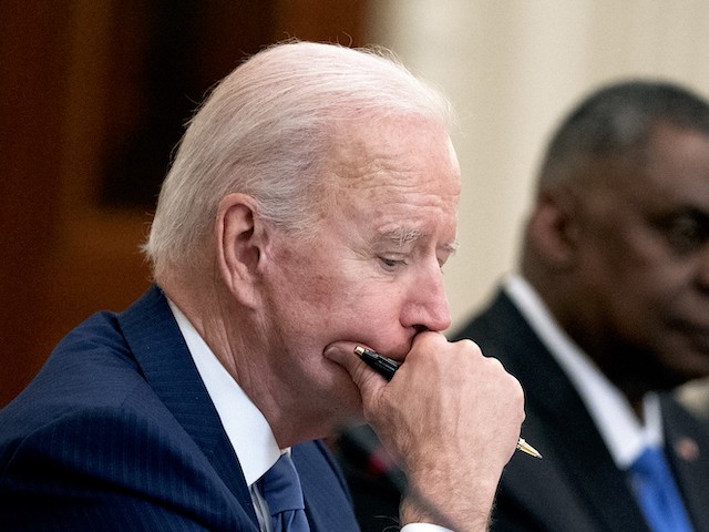 WASHINGTON, DC - MAY 21: U.S. President Joe Biden listens during an expanded bilateral meeting with President Moon Jae-in of the Republic of Korea in the State Dining Room of the White House on May 21, 2021. Moon Jae-in is the second world leader to be welcomed by President Biden during his administration and two leaders will later participate in a joint press conference. (Photo by Stefani Reynolds-Pool/Getty Images)