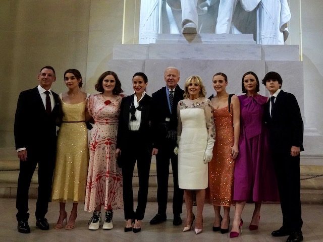 U.S. President Joe Biden and U.S. First Lady Jill Biden pose with their family in front of the statue of Abraham Lincoln at the "Celebrating America" event at the Lincoln Memorial after the inauguration of Joe Biden as the 46th President of the United States in Washington, U.S., January 20, …