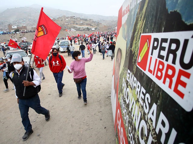 LIMA, PERU - MAY 22: Supporters of Presidential candidate Pedro Castillo leave a campaign event on May 22, 2021 in Lima, Peru. (Photo by Raul Sifuentes/Getty Images)