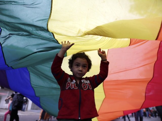 A child stands under a rainbow flag during a gay pride parade in Asuncion, Paraguay, Saturday, Sept. 26, 2015. The LGBT community marched to demand authorities outlaw all forms of discrimination. (AP Photo/Jorge Saenz)
