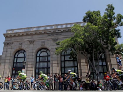 Riders pedal through downtown Livermore, Calif., during the third stage of the Tour of Cal