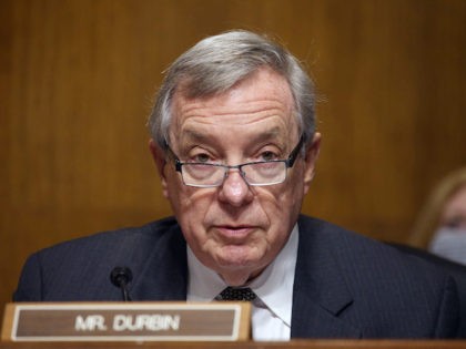 Sen. Dick Durbin, D-IL, makes his opening statement, during a hearing of the Senate Judiciary Subcommittee on Privacy, Technology, and the Law, at the US Capitol in Washington DC, on April 27, 2021. - The committee will hear testimony about social media platforms' use of algorithms and amplification. (Photo by …