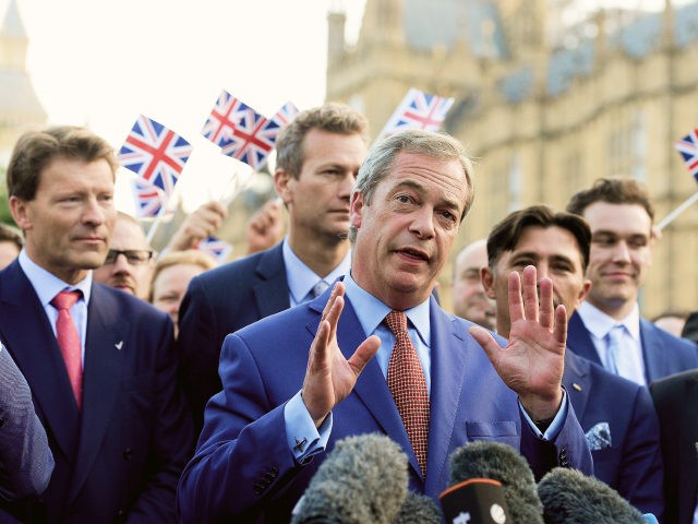 LONDON, ENGLAND - JUNE 24: Nigel Farage, leader of UKIP and Vote Leave campaigner, arrives to speak to the assembled media at College Green, Westminster following the results of the United Kingdom's EU referendum on June 24, 2016 in London, United Kingdom. The result from the historic EU referendum has …