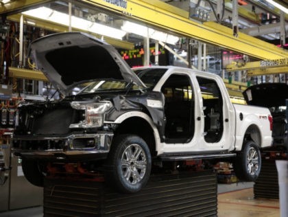 This photo shows Ford 2018 and 2019 F-150 trucks on the assembly line at the Ford Motor Co