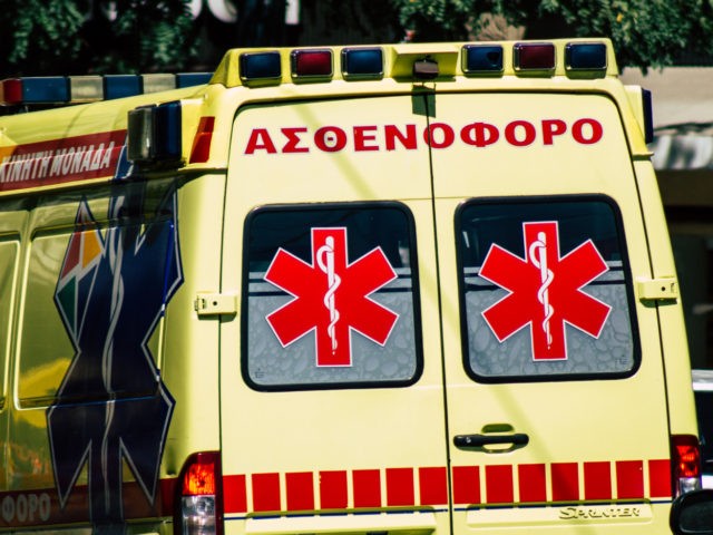 Athens Greece August 30, 2019 View of a Greek ambulance driving through the streets of Athens in the morning