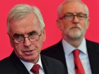LANCASTER, ENGLAND - NOVEMBER 15: Shadow Chancellor John McDonnell and Labour leader Jeremy Corbyn address the audience at the University of Lancaster on November 15, 2019 in Lancaster, England. Labour leader Jeremy Corbyn has announced a major new digital infrastructure policy including free broadband for all. (Photo by Anthony Devlin/Getty …