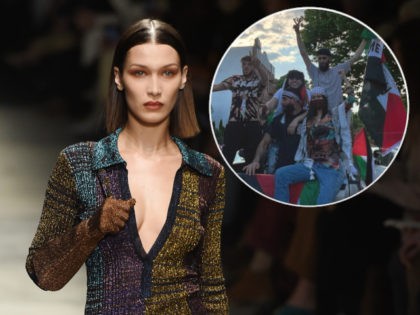(INSET: Instagram photo of Hadid at a pro-Palestinian rally) MILAN, ITALY - FEBRUARY 22: Bella Hadid walks the runway during the Missoni fashion show as part of Milan Fashion Week Fall/Winter 2020-2021 on February 22, 2020 in Milan, Italy. (Photo by Tullio M. Puglia/Getty Images)