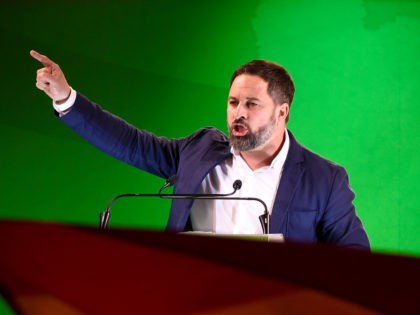 Spanish far-right Vox party leader Santiago Abascal delivers a speech during the party closing campaign meeting for the up-coming Catalonia regional elections, in Barcelona on February 12, 2021. - More than three years after a failed bid to break away from Spain, Catalonia goes to the polls on February 14, …