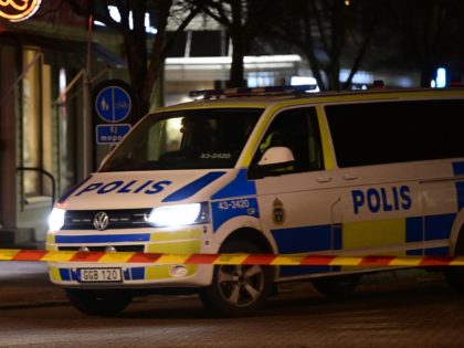 Police have cordoned off the scene where a man attacked eight people with a "sharp weapon," seriously injuring two, in the Swedish city of Vetlanda on March 3, 2021. - The assailant was taken to hospital after being shot in the leg by police when he was taken into custody, …