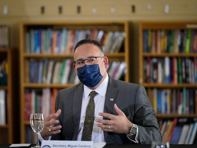 NEW HAVEN, CT - MARCH 26: Secretary of Education Miguel Cardona speaks during a roundtable session about reducing childhood poverty with Vice President Kamala Harris at the Boys and Girls Club of New Haven on March 26, 2021 in New Haven, Connecticut. Harris is traveling to New Haven, Connecticut to …
