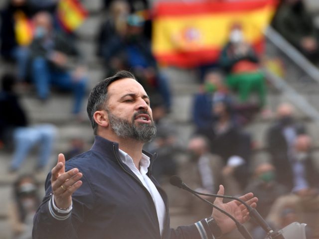 Leader of the far-right party Vox, Santiago Abascal gives a speech during a campaign meeti