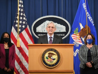 WASHINGTON, DC - APRIL 26: US Attorney General Merrick Garland speaks at the Department of Justice alongside Associate Attorney General Vanita Gupta (L) and Deputy Attorney General Lisa Monaco on April 26, 2021 in Washington, DC. Garland announced that the Justice Department will begin an investigation into the policing practices …