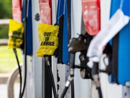 Gas pumps are seen out of service at a station in Annapolis, Maryland, on May 12, 2021. - Fears the shutdown of the Colonial Pipeline because of a cyberattack would cause a gasoline shortage led to some panic buying and prompted US regulators on May 11, 2021 to temporarily suspend …