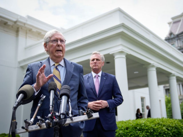 WASHINGTON, DC - MAY 12: (L-R) Senate Minority Leader Mitch McConnell (R-KY) and House Minority Leader Kevin McCarthy (R-CA) address reporters outside the White House after their Oval Office meeting with President Joe Biden on May 12, 2021 in Washington, DC. Biden and Vice President Kamala Harris met with Congressional …