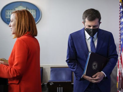 WASHINGTON, DC - MAY 12: (L-R) White House Press Secretary Jen Psaki and Secretary of Transportation Pete Buttigieg arrive for the daily press briefing at the White House on May 12, 2021 in Washington, DC. The majority of the briefing focused on the ransomwareattack on the Colonial Pipeline. More than …