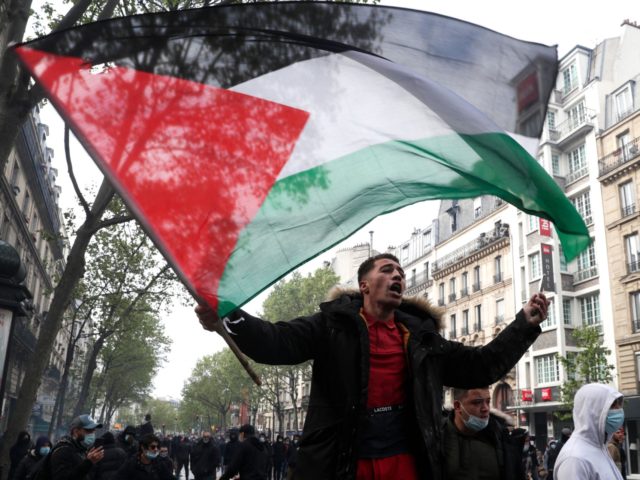 A protester waves a Palestinian flag during a demonstration in solidarity with the Palestinians called over the ongoing conflict with Israel in Paris on May 15, 2021. - Police officers used tear gas and water cannon in Paris to try and disperse a pro-Palestinian rally held despite a ban by …