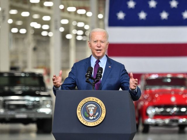 US President Joe Biden delivers remarks at the Ford Rouge Electric Vehicle Center, in Dearborn, Michigan on May 18, 2021. (Photo by Nicholas Kamm / AFP) (Photo by NICHOLAS KAMM/AFP via Getty Images)