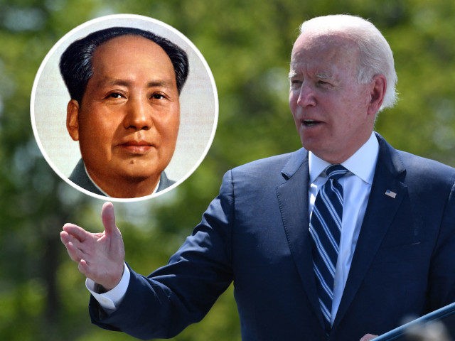 (INSET: Chinese dictator Mao Zedong) US President Joe Biden speaks during the US Coast Guard Academys 140th commencement exercises on May 19, 2021 in New London, Connecticut. (Photo by Nicholas Kamm / AFP) (Photo by NICHOLAS KAMM/AFP via Getty Images)