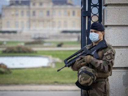 MARSEILLE, FRANCE - NOVEMBER 03: French soldiers, part of France's national security alert system 'Sentinelle', patrol around the Borely Park on November 03, 2020 in Marseille, France. Operation Sentinel, ramped up with the recent attacks, is the French army's effort to secure the country from further terrorist attacks by deploying 10,000 soldiers and …
