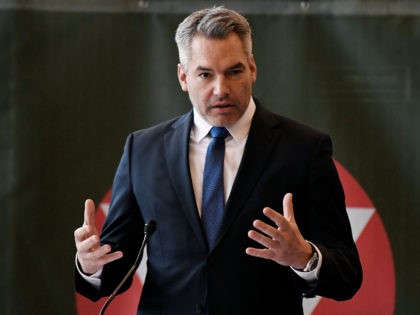 VIENNA, AUSTRIA - DECEMBER 03: Austrian Minister of the Interior Karl Nehammer speaks duri