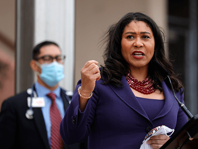 San Francisco Mayor London Breed speaks during a news conference outside of Zuckerberg San Francisco General Hospital with essential workers to mark the one year anniversary of the COVID-19 lockdown on March 17, 2021 in San Francisco, California. San Francisco has some of the lowest number of coronavirus cases and …