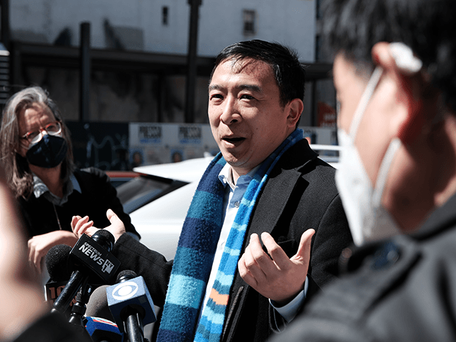 New York Mayoral Candidate Andrew Yang speaks to members of the media along Canal Street in Chinatown on April 05, 2021 in New York City. Yang, an Asian American, has been working to draw attention to recent assaults against Asians both in New York and the country. The candidate, who …